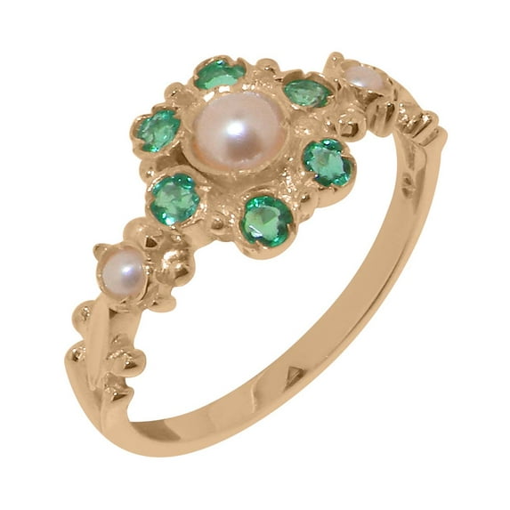 LBG British Made 10k Rose Gold Ring with Cultured Pearl & Emerald Womens Engagement Ring - 33 size options - Size 7.25