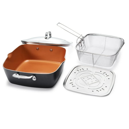 

Gotham Steel Nonstick Deep Fry Pan 11 Square Ceramic Frying Pan Pot with Glass Lid 6.5 Quart with Basket Steamer Insert