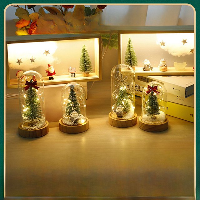 Mini árbol de Navidad con luz de noche y cubierta de cristal, regalo navideño, decoración para mesita de noche