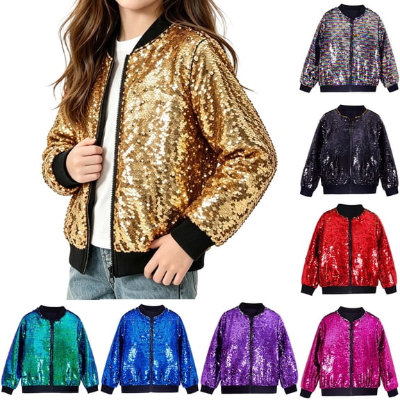 Tqyyweavej Toddler Boys Girls Sequin Bomber Jacket Glitter Zip Up Long Sleeve Jacket Sparkly Versatile Outwear Coat with Pockets for Party 2-13Y