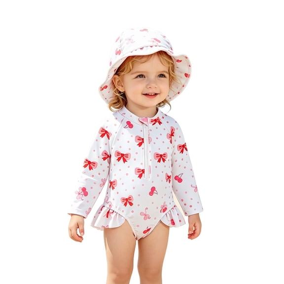 Girls One Piece Rash Guard Swimsuit with Sun Hat, UPF 50  Long Sleeve Bow Print Bathing Suit Set for Summer Beach Pool(White,6-9 Months)