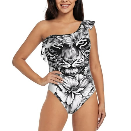 Qokaie Tiger Butterfly Floral Art Print Women s One Piece Swimsuits Tummy Control Bathing Suits Asymmetric One Shoulder Swimwear-Large