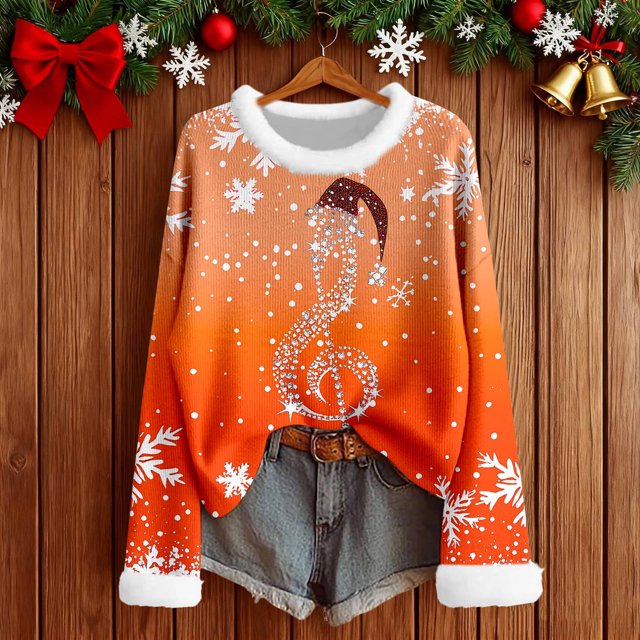 MHFRRA Camiseta Festiva de Manga Larga con Cuello Acogedor y Estampado Festivo para Uso Informal y Cómodo. Naranja