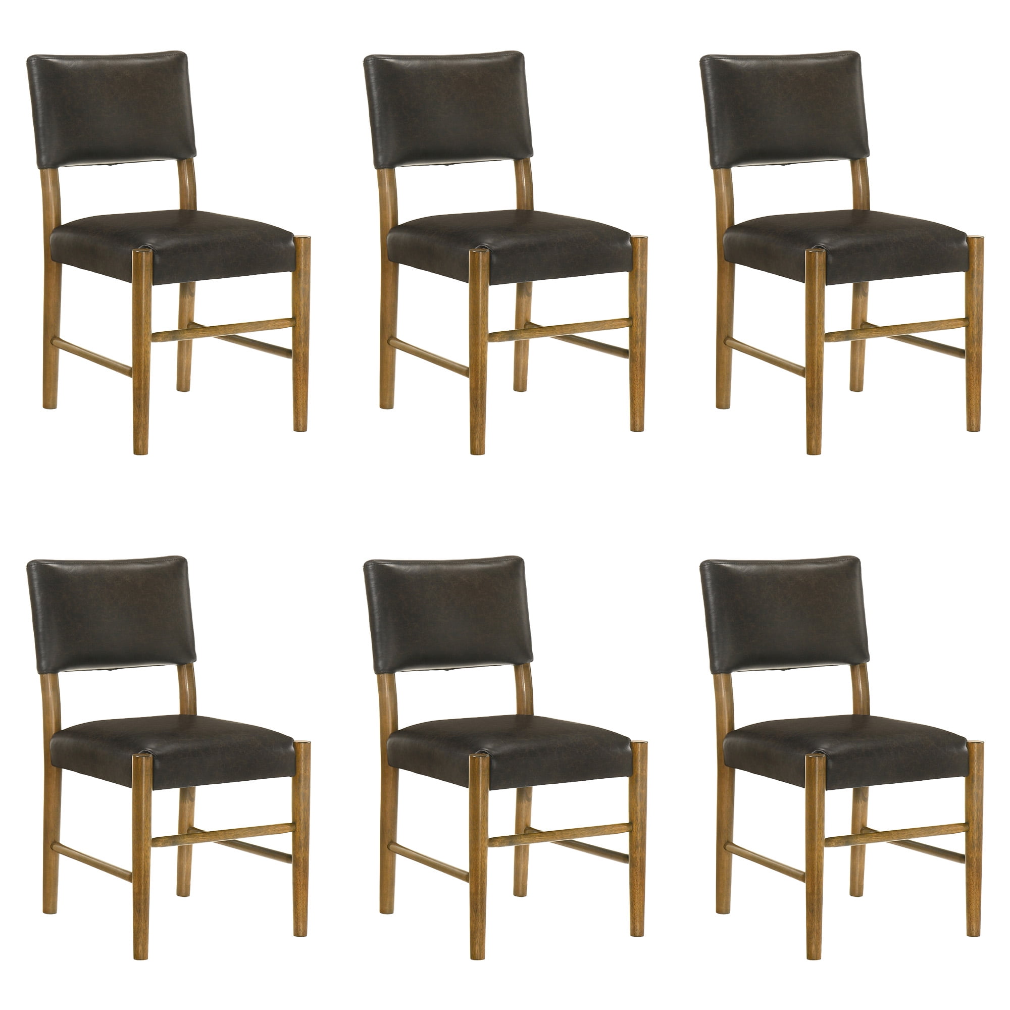 Bennet Modern Wood Dining Chair in Natural Finish with Brown Faux Leather Upholstered Seat - Set of 6