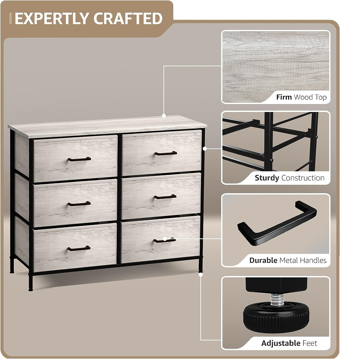 Sorbus 6-Drawer Dresser, Fabric Chest Organizer with Steel Frame & Wood Top, Rustic Beige
