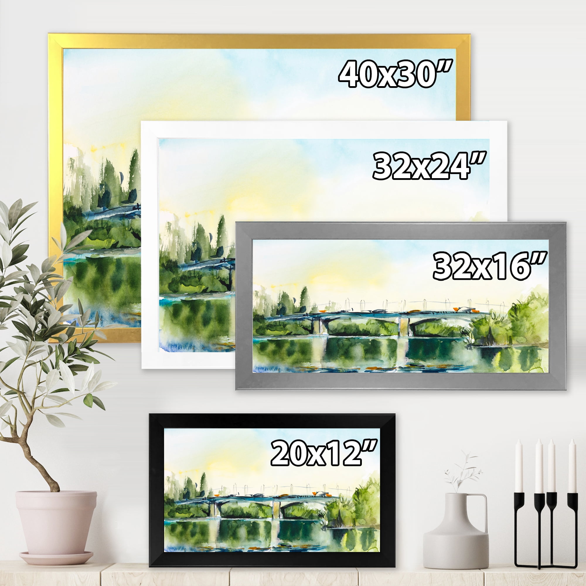 Designart 'Landscape With Old Bridge Over River In The Countryside' Traditional Framed Art Print