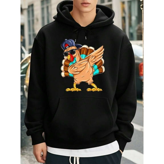 Men's Thanksgiving Turkey Hoodie – Black Pullover Sweatshirt With Front Pocket, Relaxed Fit, Machine Washable