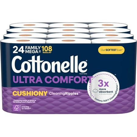 Cottonelle Ultra Comfort Toilet Paper with Cushiony CleaningRipples Texture, 24 Family Mega Rolls (24 Family Mega Rolls = 108 Regular Rolls) (4 Packs of 6), 296 Sheets per Roll, Packaging May Vary