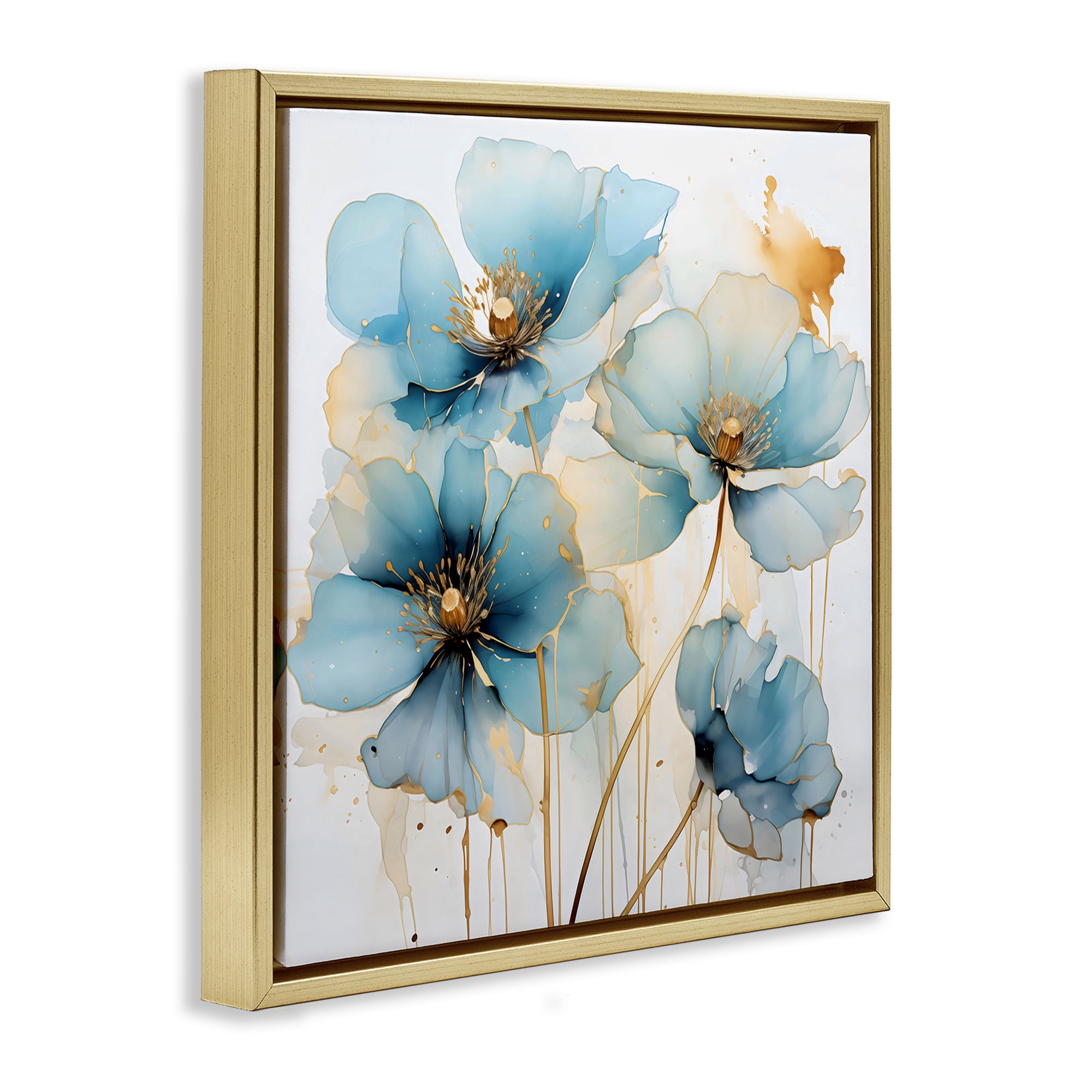 Stupell Industries Sapphire and Gold Florals Gold Framed Floater Canvas Wall Art, design by Creative Studio
