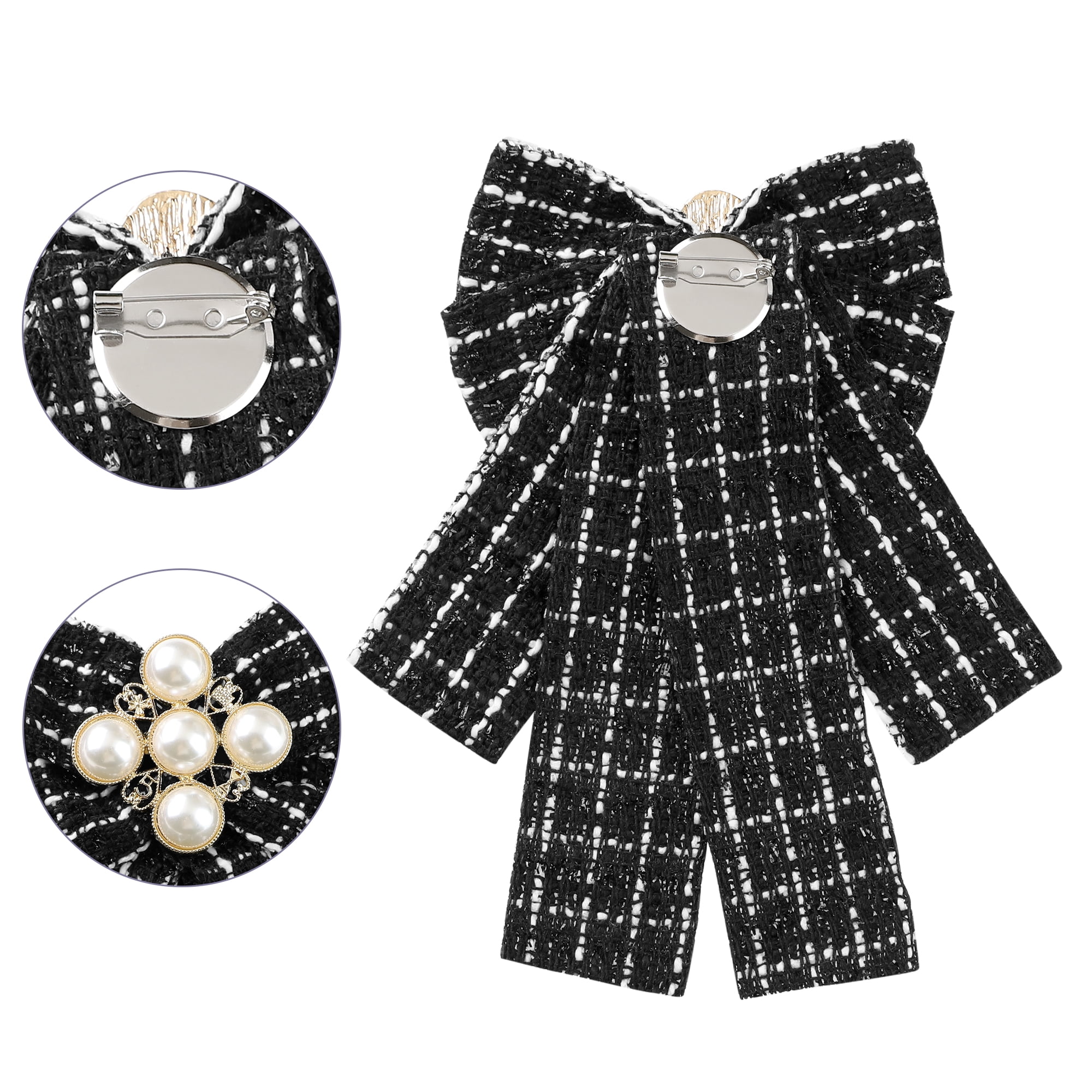 DARING DIVA Women's Ribbon Beads Pre-Tied Plaid Pattern Bow Tie Black