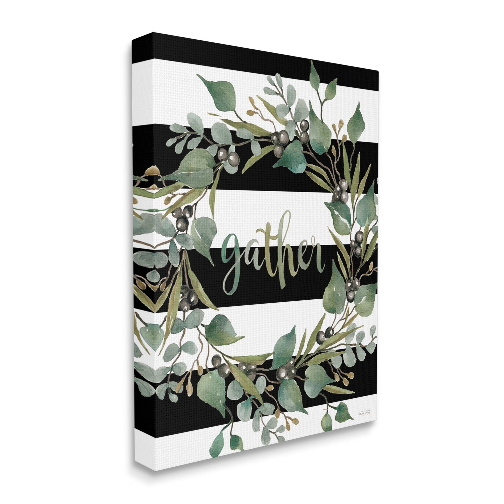 Stupell Industries Gather Calligraphy Stripes Pattern Wreath Botanicals Leaves Graphic Art Gallery Wrapped Canvas Print Wall Art, Design by Cindy Jacobs