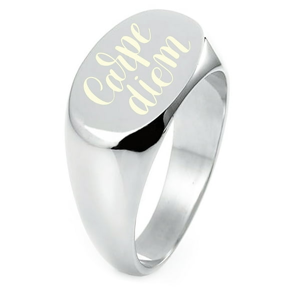 Sterling Silver Carpe Diem Calligraphy Engraved Oval Flat Top Polished Ring
