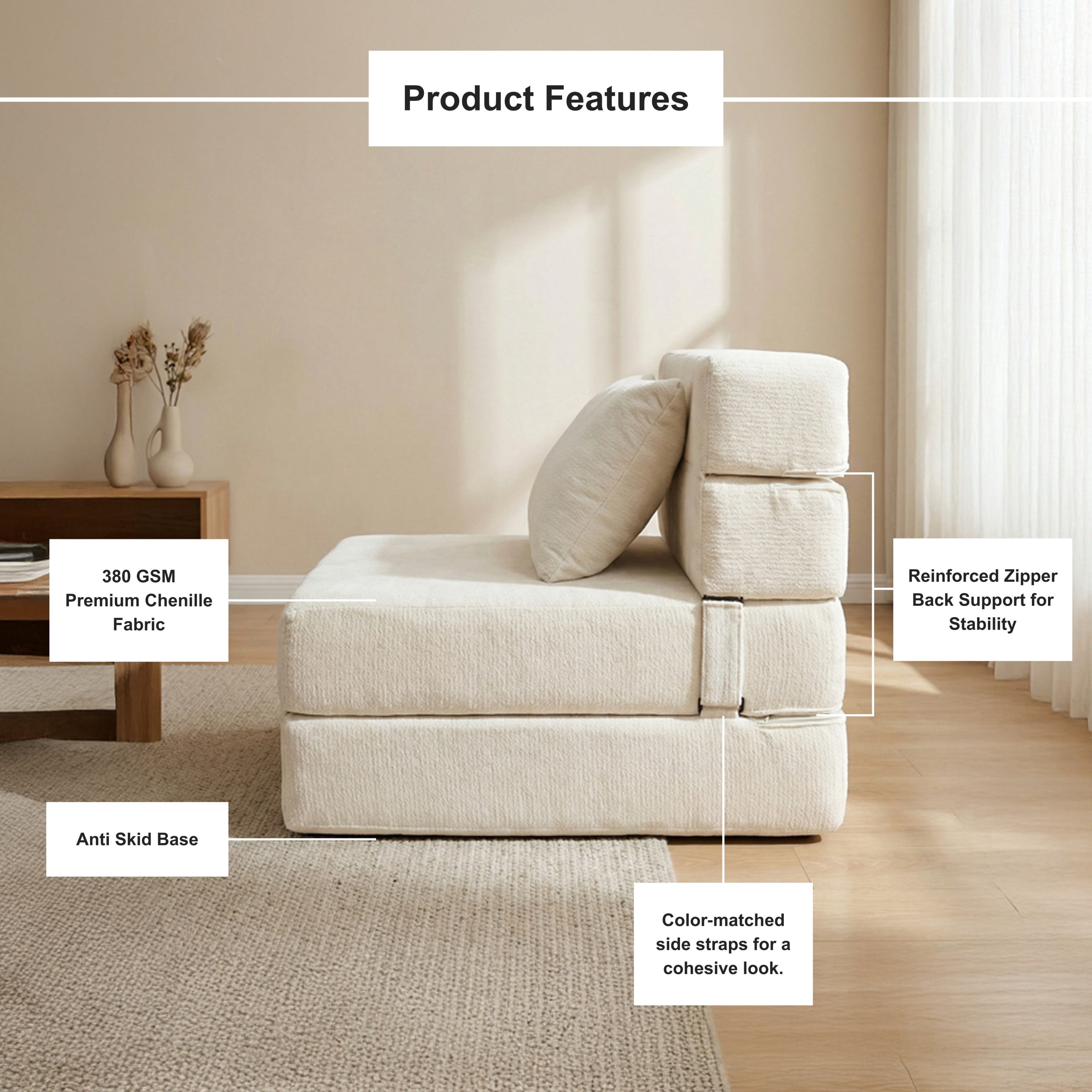 Oak and Birch Folding Sofa Bed Floor Couch with Pillow, 3-in-1 Convertible Boneless Convertible Chair, Chaise Lounge & Sleeper for Living Room, Apartment, Dorm, Gaming Room, Chenille, Cream