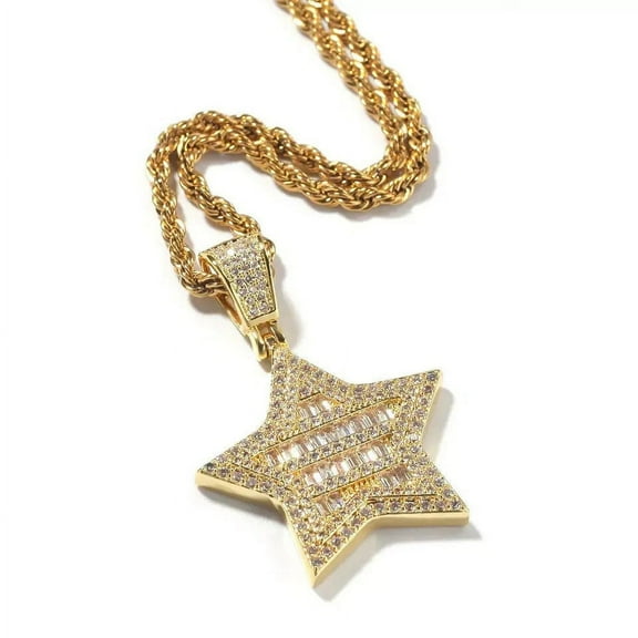 14K Gold Finish Simulated Diamond Hip Hop Bling Iced Out, Super Star Pentagram Charm Pendant Necklace, Free Rope Chain, Christmas Gift