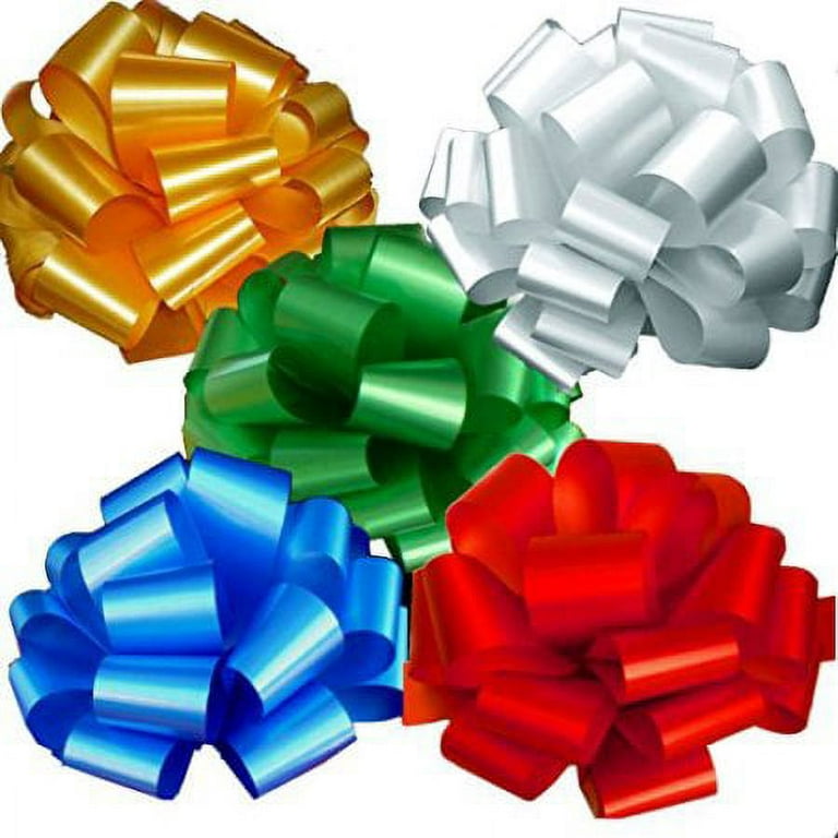 Christmas Gift Wrap Pull Bows - 5 Wide, Set of 9, Red, Green, Blue, Gold, White