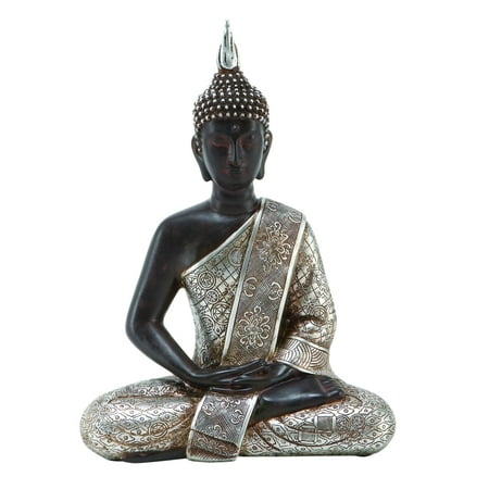 8 Inches Wide Polystone Buddha With Black With Silver Robe