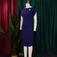 thumbnail image 4 of AURA Plus Size Bodycon Midi Dress High Waist Round Neck Short Sleeve Elegant Office Dress with Brooch Zipper, 4 of 9