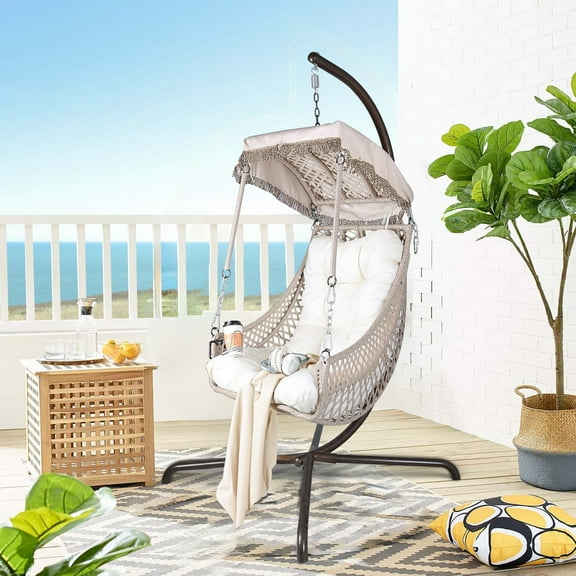 Comfortable Patio Swing Egg Chair with Stand - Indoor/Outdoor Wicker Rattan, Sunshade, Beige Cushion & Pillow