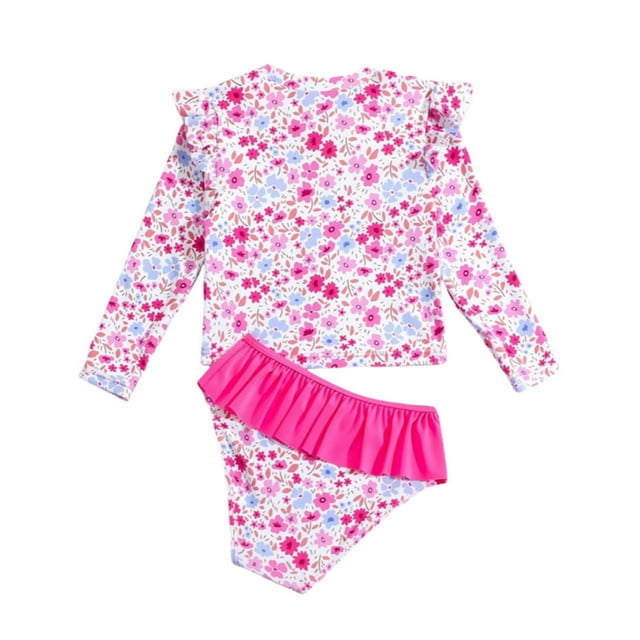 Kid Girl Rash Guard Bathing Suits Ruffle Floral Pattern Long Sleeve Sun Protection Girls Summer Swimsuit 6-7 Years