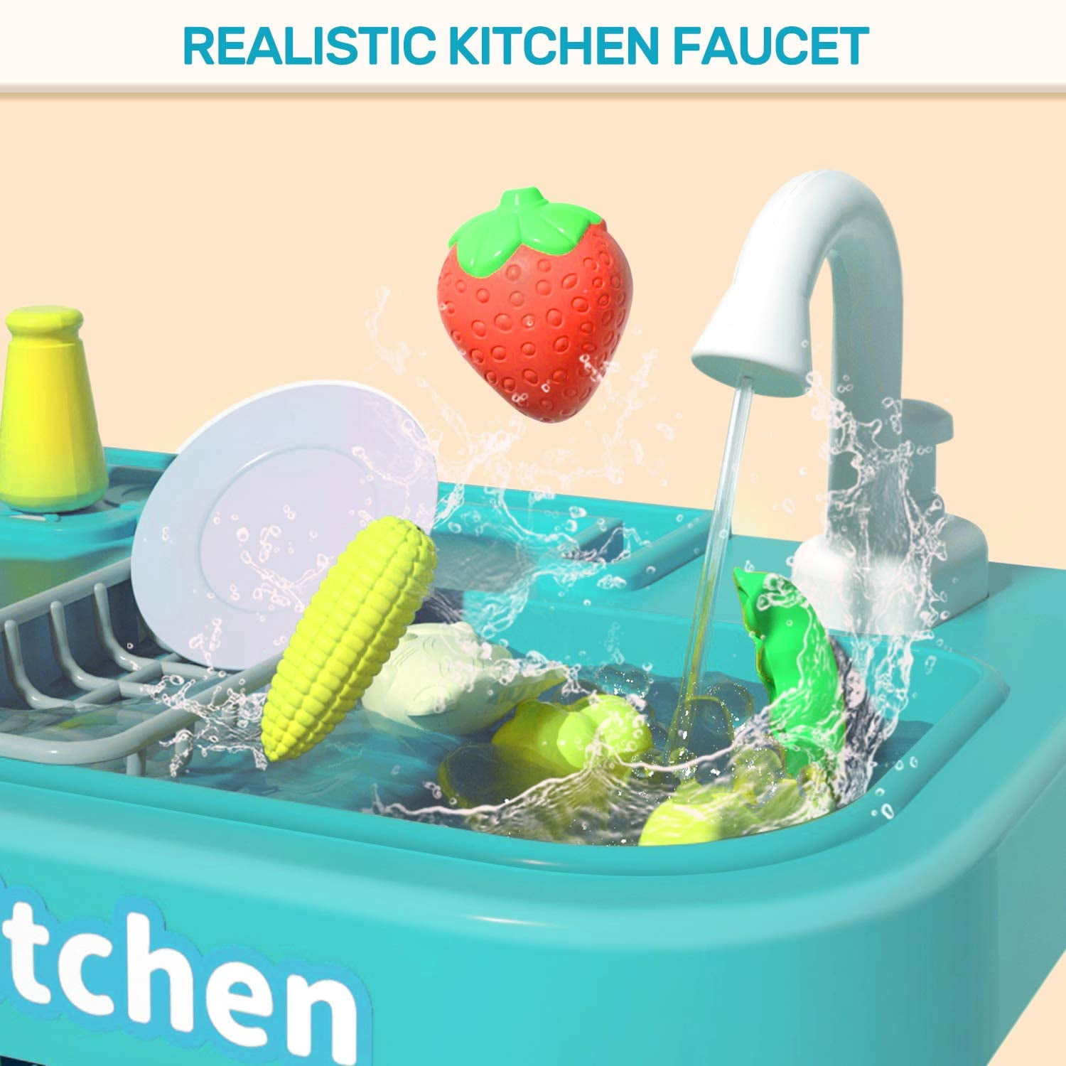 93PCS Kids Kitchen Playset,Play Kitchen Toy with Realistic Lights & Sounds,Pretend Steam,Play Sink & Oven,Color Changing Play Food,Menu Board & Other Kitchen Accessories Set for Toddlers