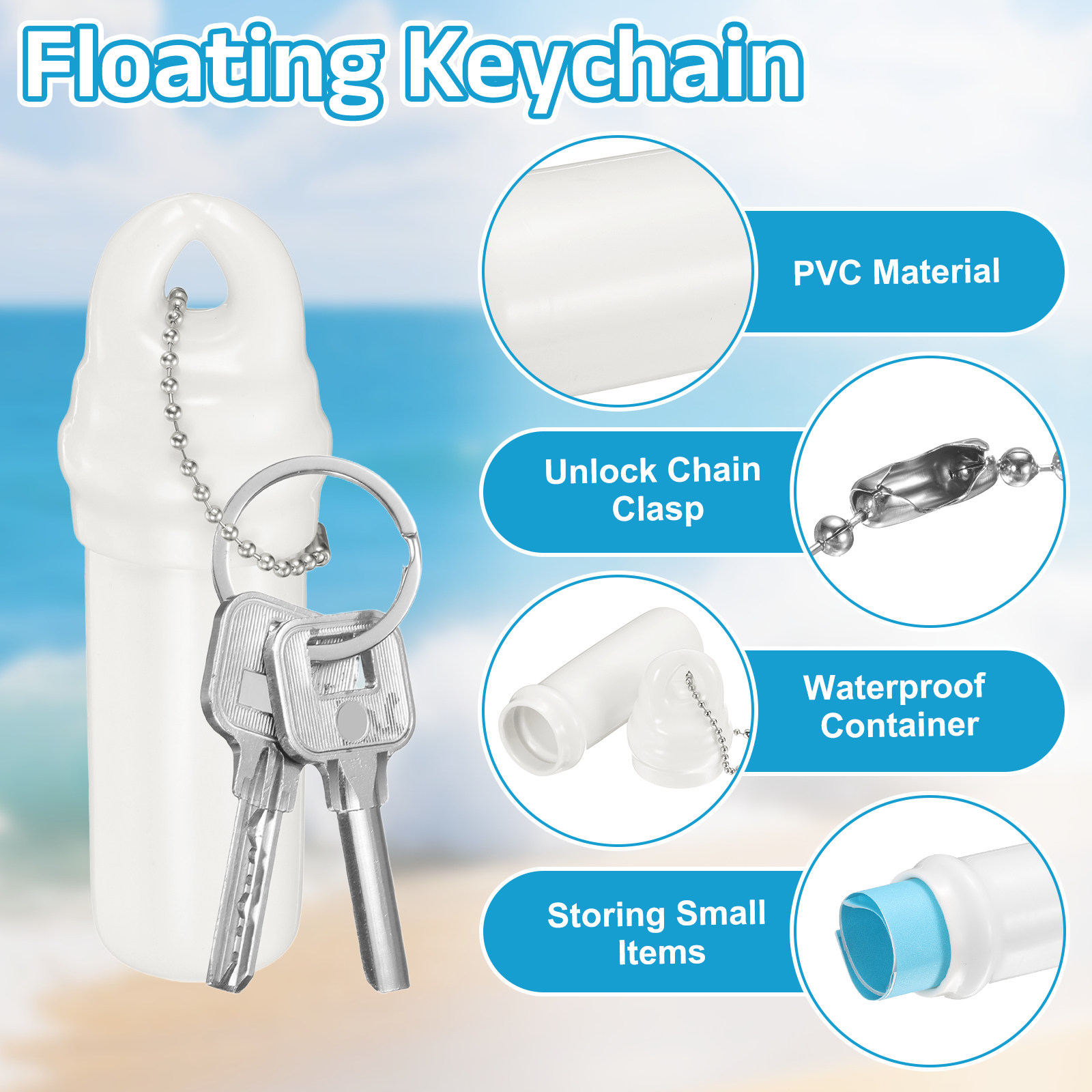 10 Pack Floating Keychain, Float Key Ring Holder with Waterproof Container, Float Key Pendant for Boating, Fishing, Water Sports, White