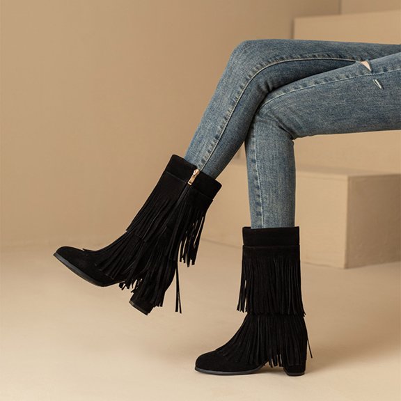 Bnwani Boots Women Fall Winter Fashion Toe Zipper Mid-Heel Thick Chunky Mid-Calf Versatile Casual Sweet Western Tassel Boot Black Size 5.5