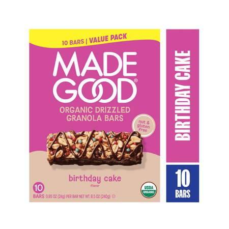MadeGood Chocolate Drizzle Birthday Cake Granola Bars, 10 Snack Bars, 0.78 oz