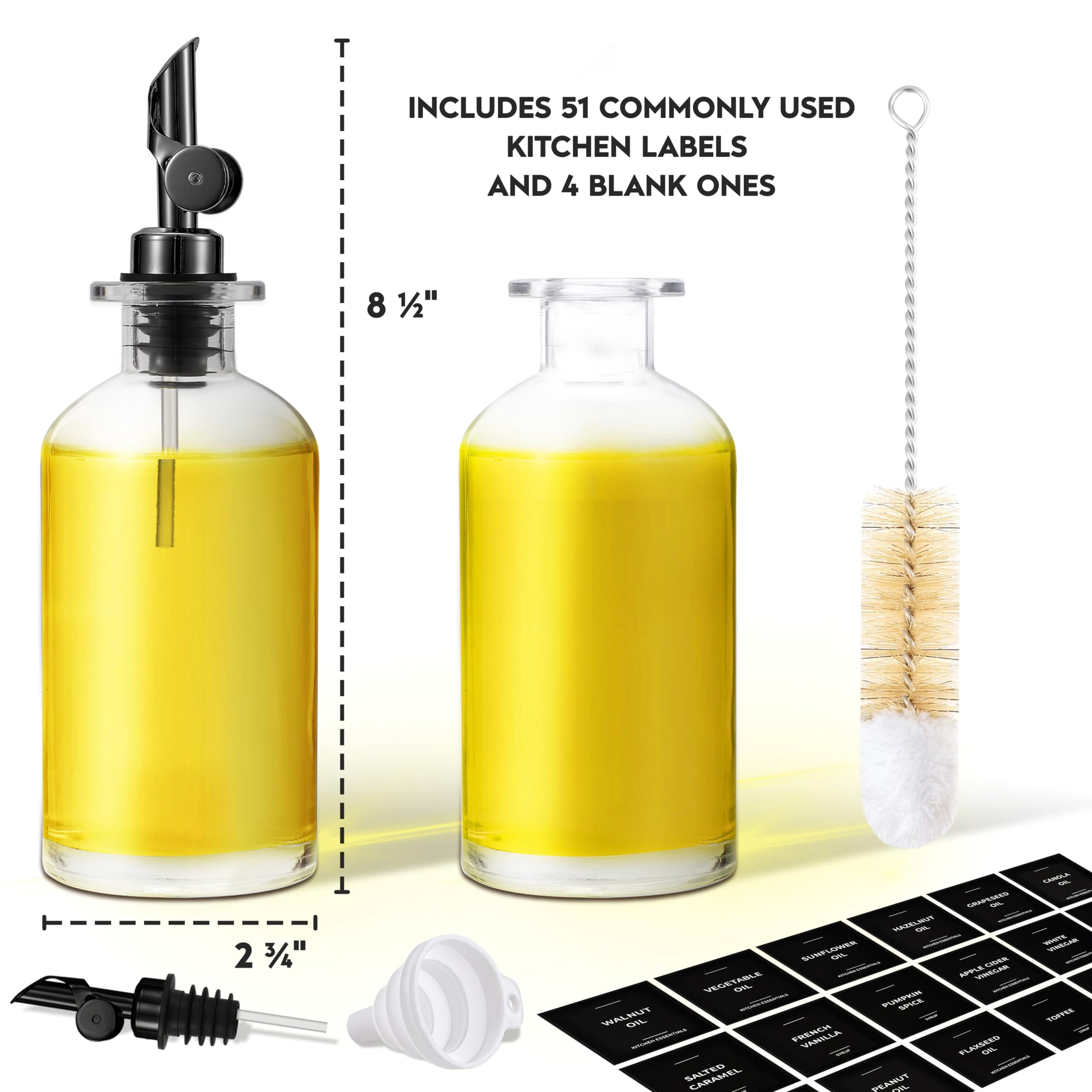 Oil Dispenser For Kitchen - Glass Olive Bottle Set Of 2 (11.8oz) With Black Weighted Self-closing Pourer Cooking 66 Labels  Aligner & Funnel