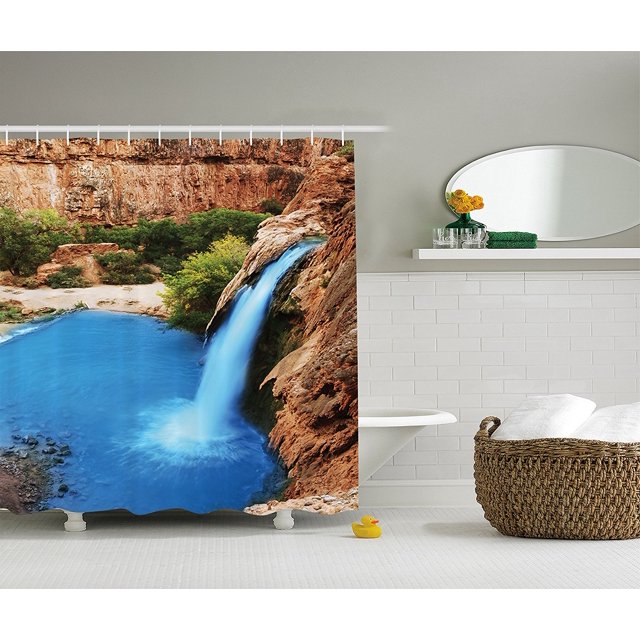 Waterfall Decor Collection, Waterfall Cliff Vibrate Colors Sunny Summer Wild Nature Picture, Polyester Fabric Bathroom Shower Curtain Set with Hooks, 75 Inches Long, Turquoise Peru Green By Ambesonne