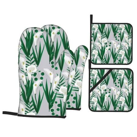 

Oven Mitts and Pot Holders Sets 4 pcs Calla Lily Flowers Green Leaves Non-Slip Oven Gloves Potholders Soft Quilted Lining Heat Resistant Gloves Hot Pads for Kitchen Cooking Baking