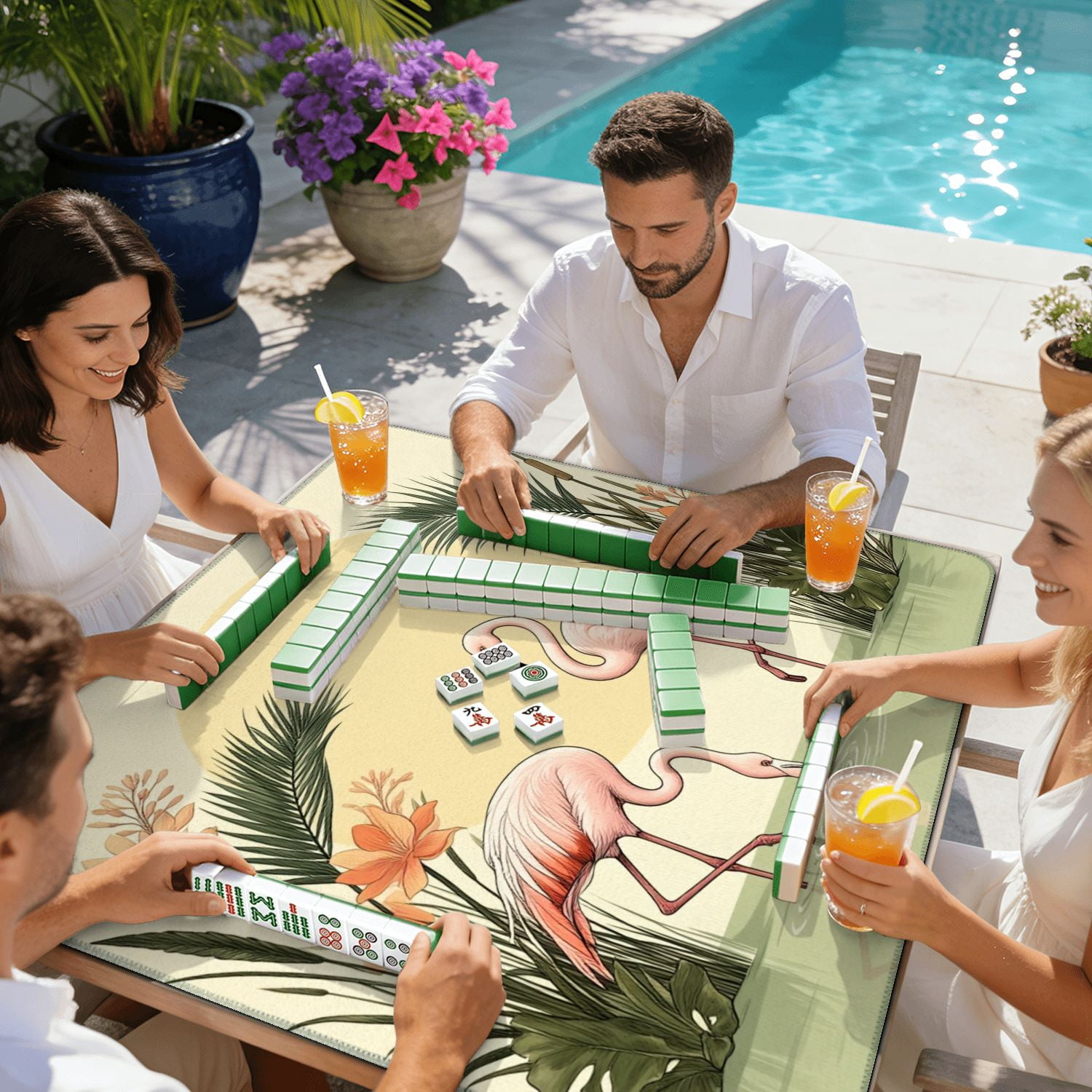 Mahjong Mat 31.5" x 31.5" Elegant Tropical Botanical Soft Pastel Sun Non-Slip Noise Reduction American Mahjong Tiles Table Cover for Dominoes Poker Card Board Games Gift
