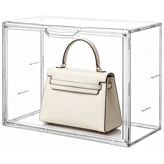 Clear PET Storage Boxes, Stackable Dustproof Display Cases with Self-Adhesive Door, Multifunctional Organizer for Shoes Handbags Figures Cosmetics, 14.2 x 10.6 x 8.7in