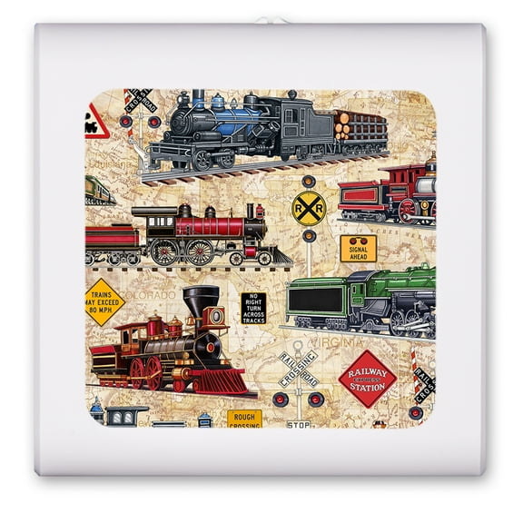 Plug in Dimmable LED Night Light with Dusk to Dawn Auto Sensor, Adjustable Brightness, Warm Light, Auto On/Off Nightlight for Bathroom, Hallway, Nursery, Bedrooms - Steam Locomotives (tan)