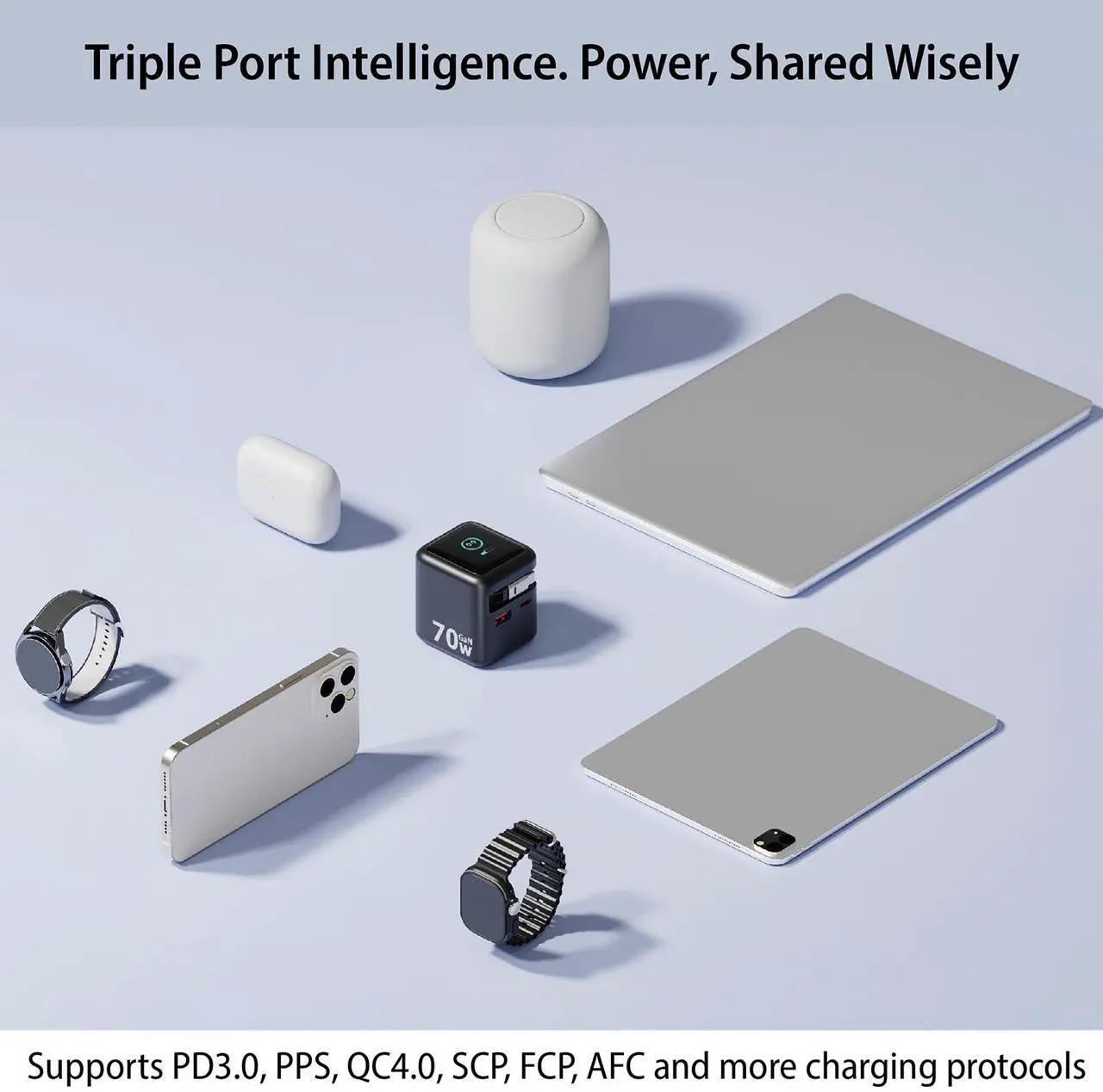 Rosewill 70W Retractable USB-C Wall Charger with Built-in Cable, 3-Port GaN 3 Fast Charging, Foldable Design & Real-Time TFT Display for MacBook, iPad, iPhone, Galaxy - Black