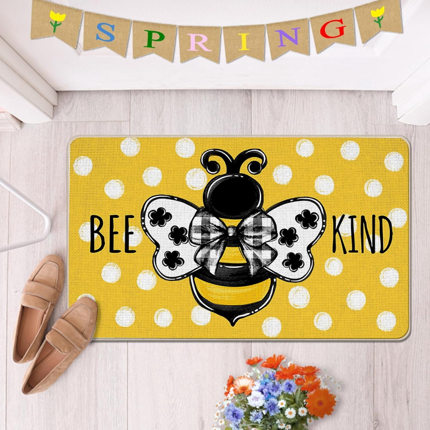 Bee Kind Spring Summer Decorative Front Door Mat, Yellow Polka Dot Doormat Indoor Outdoor Non-Slip Floor Entryway Rug, Bumble Bee Seasonal Home Kitchen Decoration 17x30 Inch