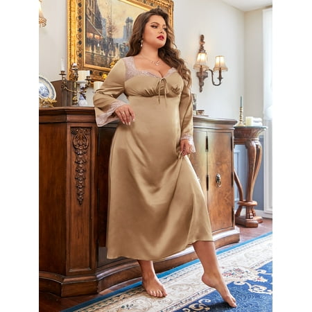 

Women s Plus Sweetheart Tie Front Lace Trim Satin Night Dress 4XL(20) Apricot Royal F22001D