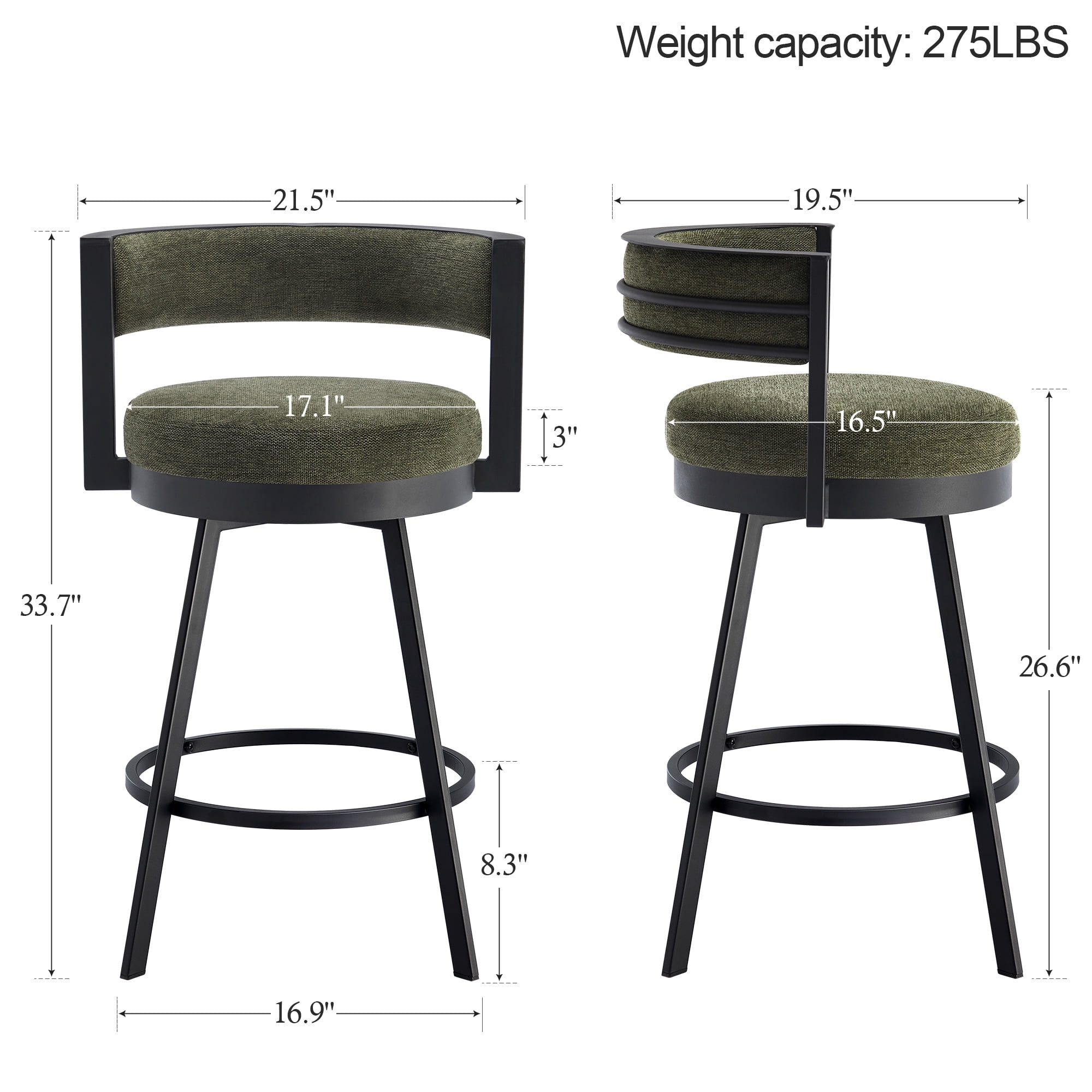 Zesthouse 26.6″ Swivel Bar Stools Set of 2, Linen Upholstered Counter Stools with Barrel Back and Metal Legs, Modern Counter Height Barstools for Kitchen Island, Green