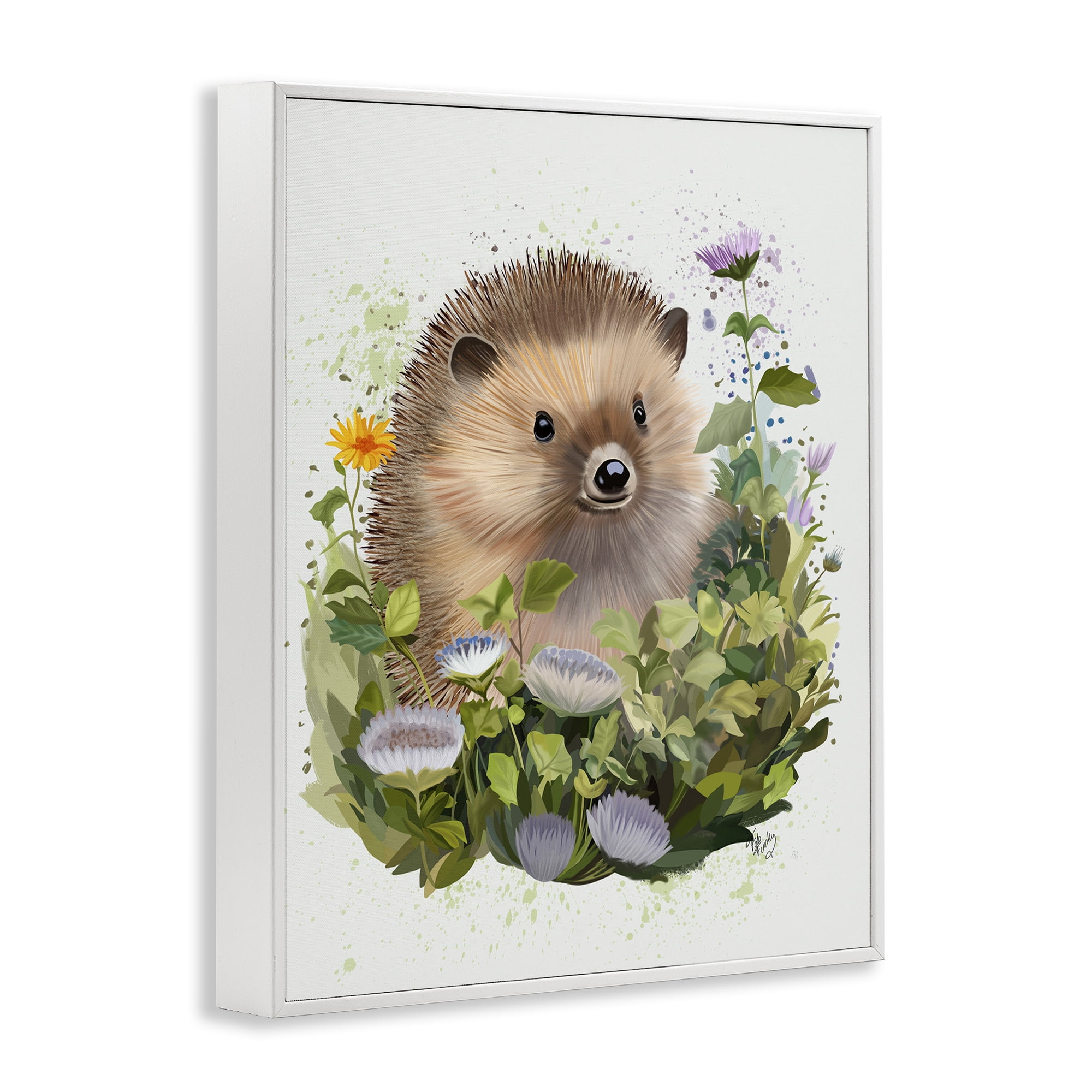 Stupell Industries Hedgehog in Floral Meadow Animals & Insects Painting White Framed Art Print Wall Art, 11 x 14