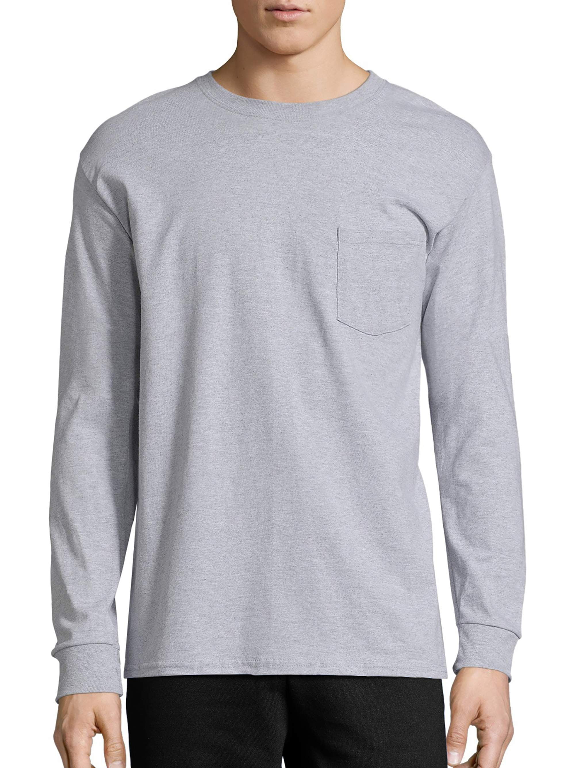 Gray Large Hanes Mens Tagless Cotton Long Sleeve T-Shirt with a Pocket Tee 5596
