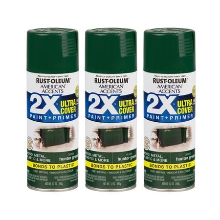 (3 Pack) Rust-Oleum American Accents Ultra Cover 2X Gloss Hunter Green Spray Paint and Primer in 1, 12 (Best Primer To Cover Dark Paint)