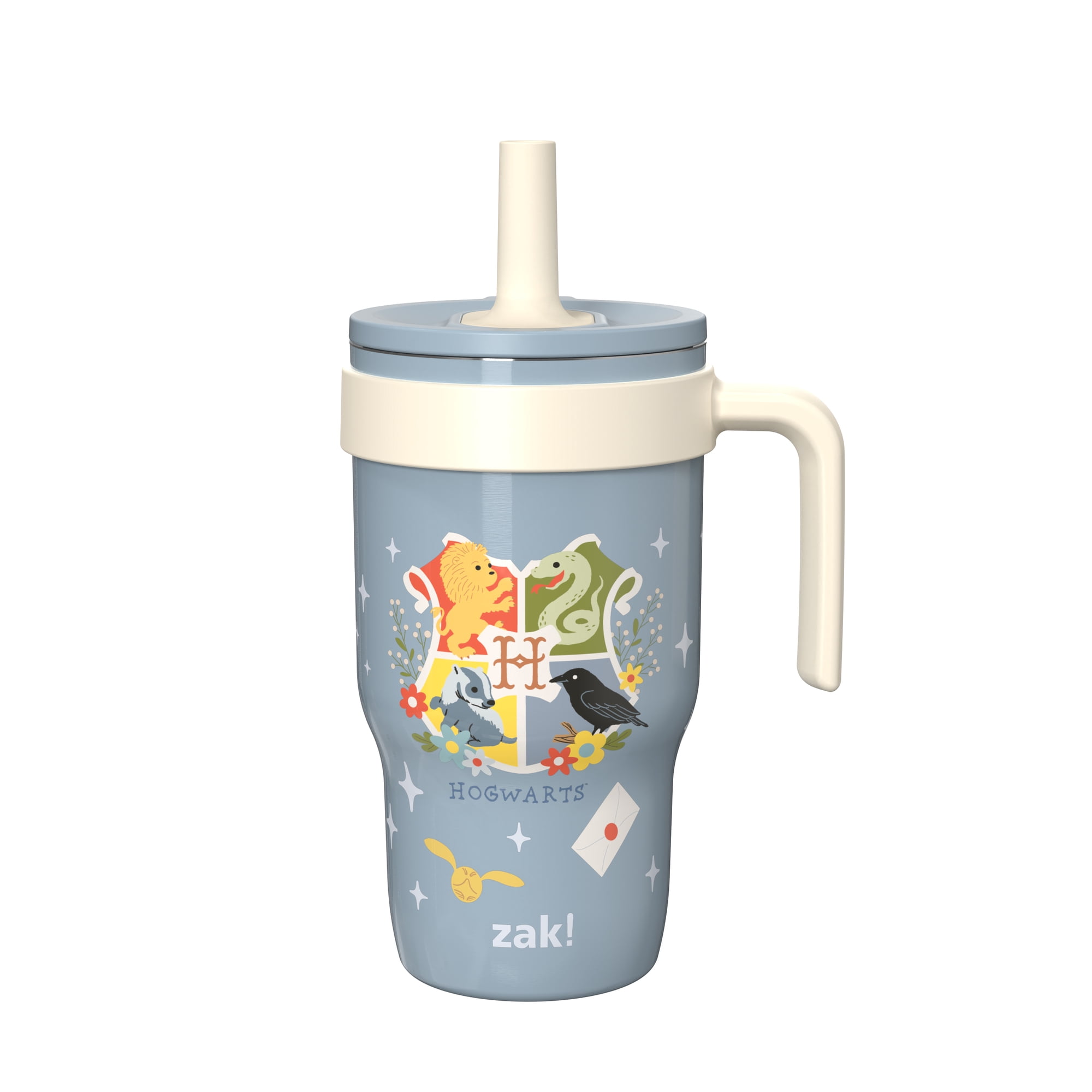 Zak Designs 10oz Harry Potter Kids Handle Tumbler, Stainless Steel Cruiser Tumbler with Soft Silicone Straw, Leak-Proof, Easy to Hold, Blue