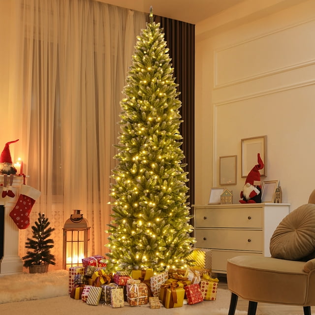 Costway 9FT Pre-Lit Christmas Tree Hinged Slim Pencil Xmas with 500 LED Lights & 1298 Tips