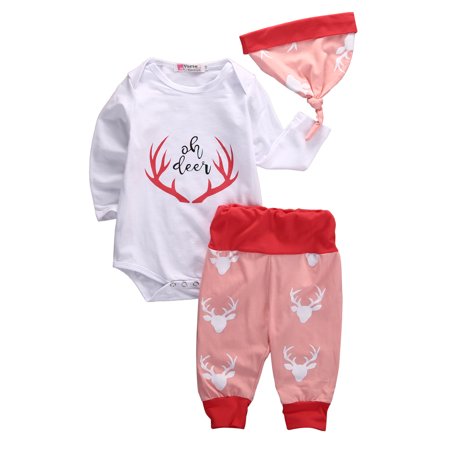 

Baby 3PCS Romper Suit Antler Romper Elk Head Long Pants Beanie Hat