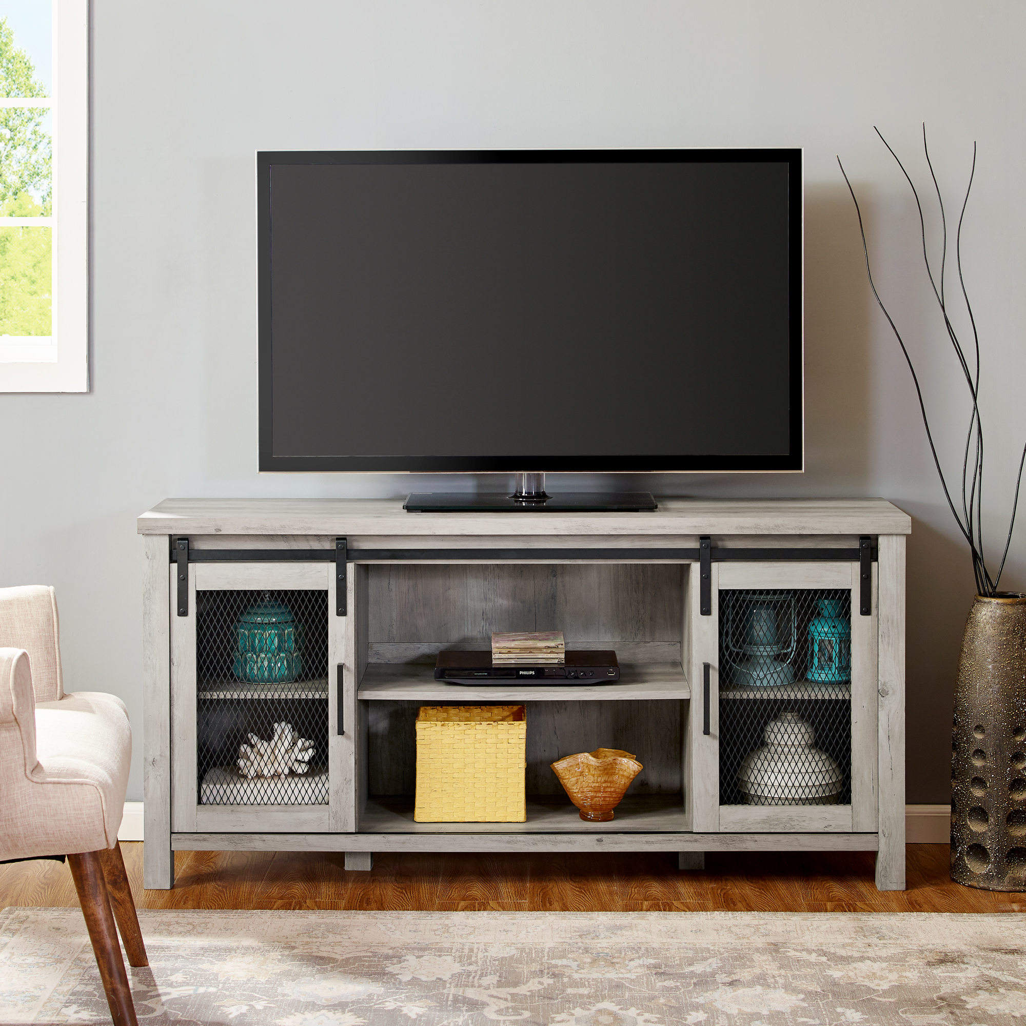 Granston Mesh Sliding Door Grey Wash TV Console By River Street Designs