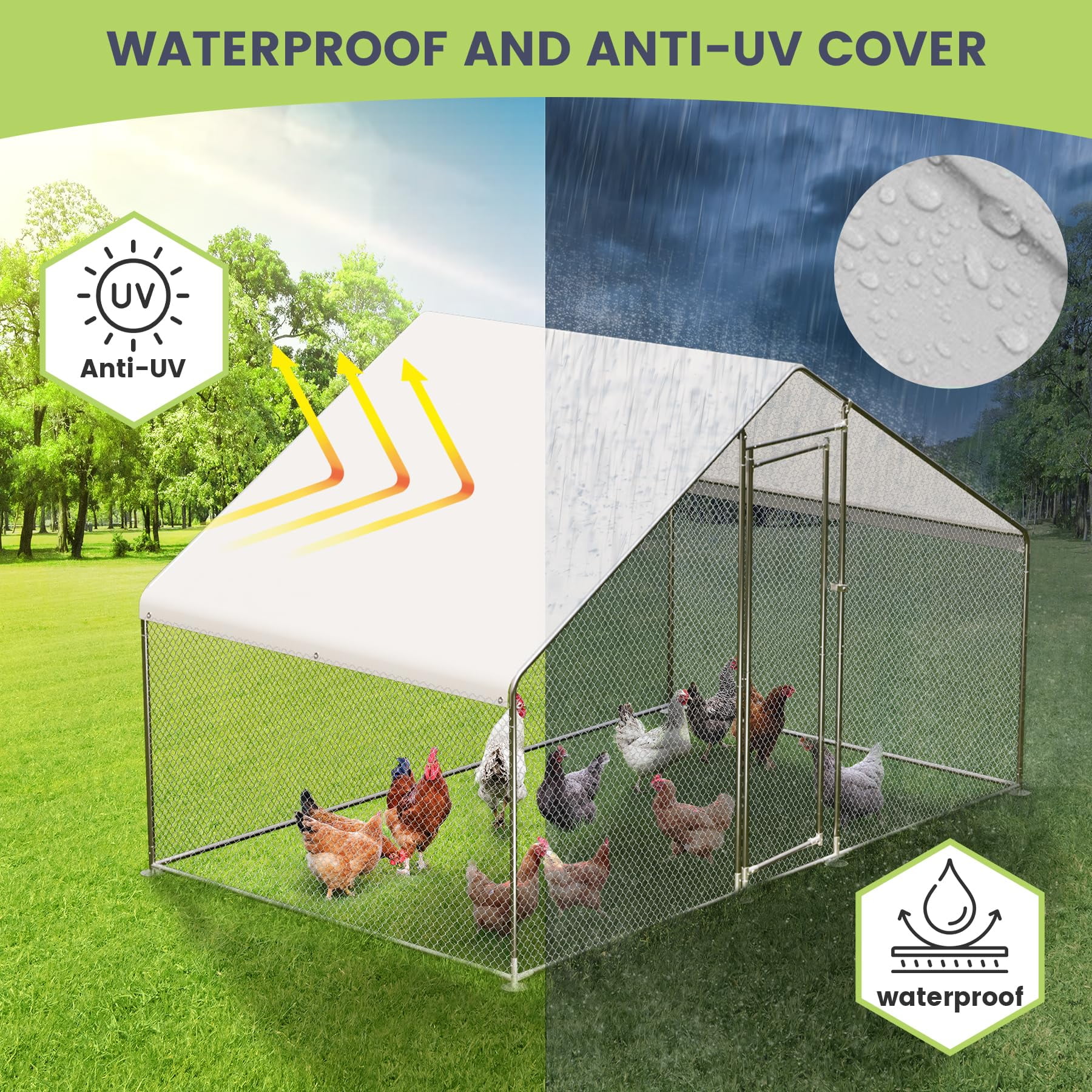 Litake Large Chicken Coop, Walk-in Poultry Cage, Metal Chicken Coop with Waterproof and Anti-Ultraviolet Cover, for Outdoor Yard Farm Use