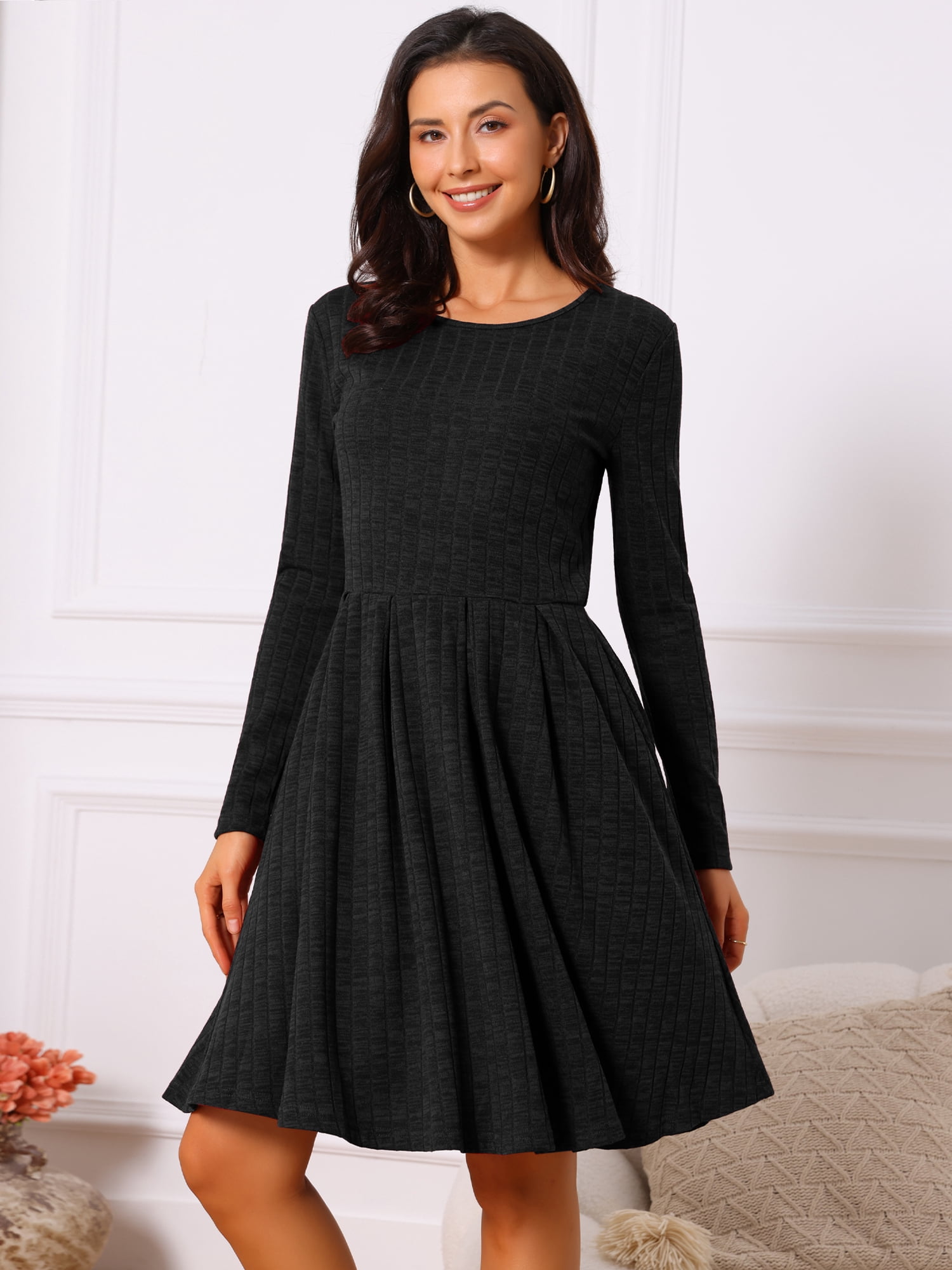 DARING DIVA Long Sleeve Round Neck A- Line Swing Knee Length Dress XL Black
