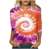 Womens Tie Dye Shirts Flower Print Top Color Gradient Blouses Crew Neck Tshirt Summer Casual Tee 3/4 Sleeve Tee Rainbow Tops 2025 Trendy Outfits