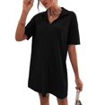 thumbnail image 2 of Women Summer V-Neck Dress Summer Short Sleeve Loose Fitted Casual Collared T-Shirt Dress Black L, 2 of 6