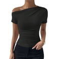 thumbnail image 2 of off the Shoulder Tops for Women Going Out Summer Top Short Sleeve T Shirts Asymmetrical Blouses Black S, 2 of 7