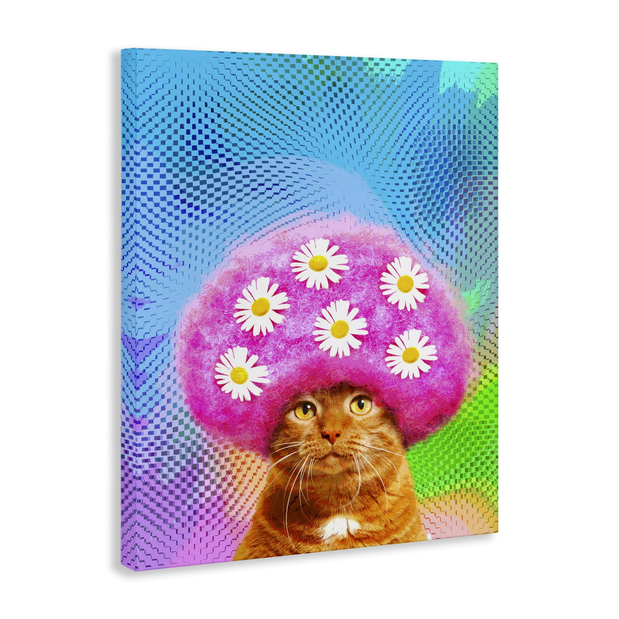 Stupell Industries Groovy Daisy Wig Cat Novelty & Humor Painting Wrapped Canvas Art Print Wall Art, 36 x 48